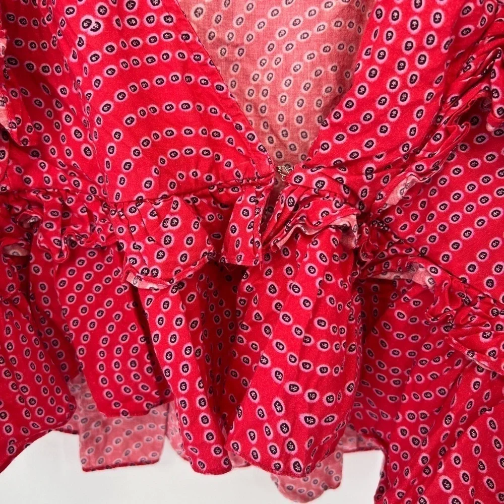 Rhode Voluminous Puff Sleeve Ruffled Retro Print Elodie Top In Red Trail - Picture 5 of 8
